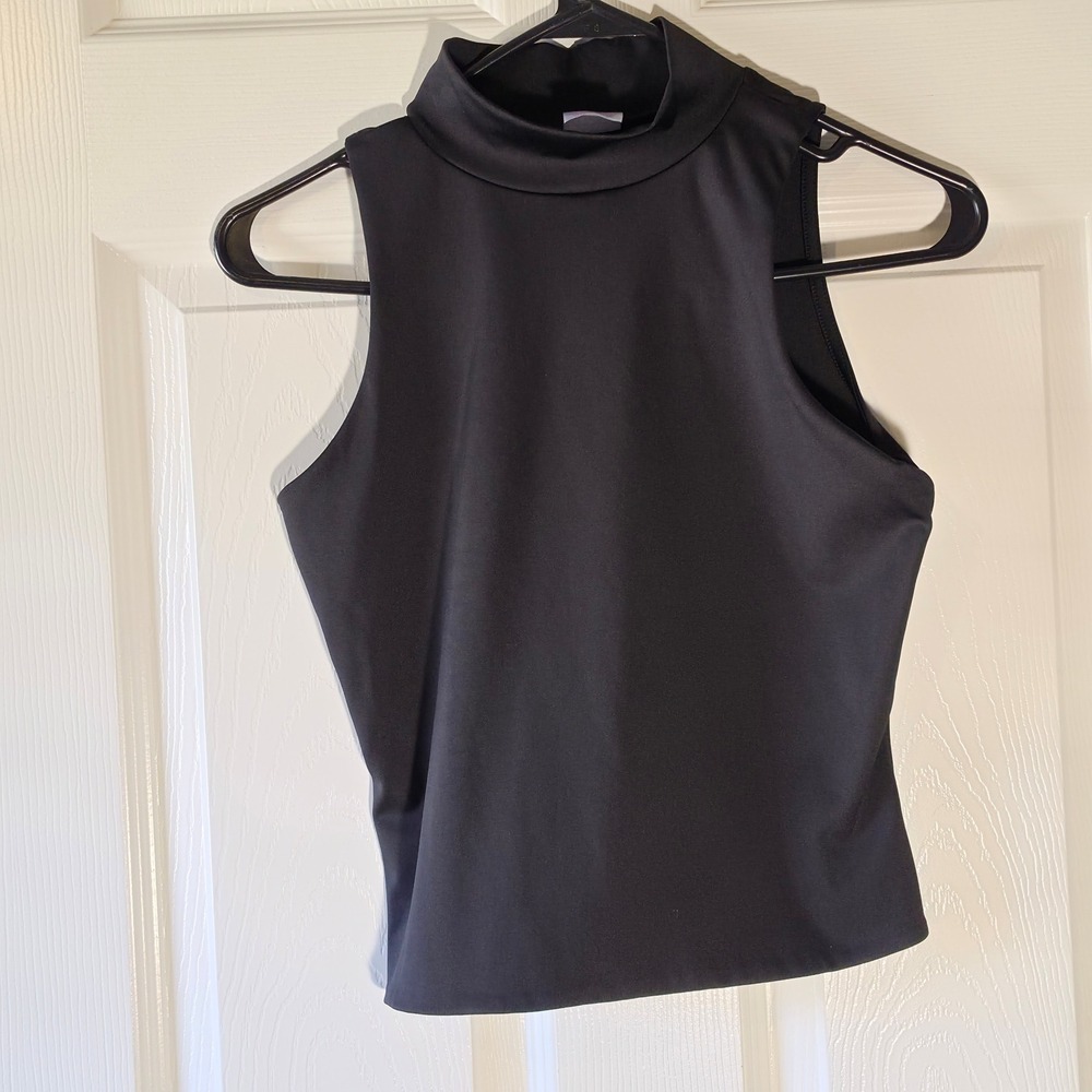 Y2K Minimalist No Boundaries Black Mock Neck Crop Top Sleeveless Tank Size M